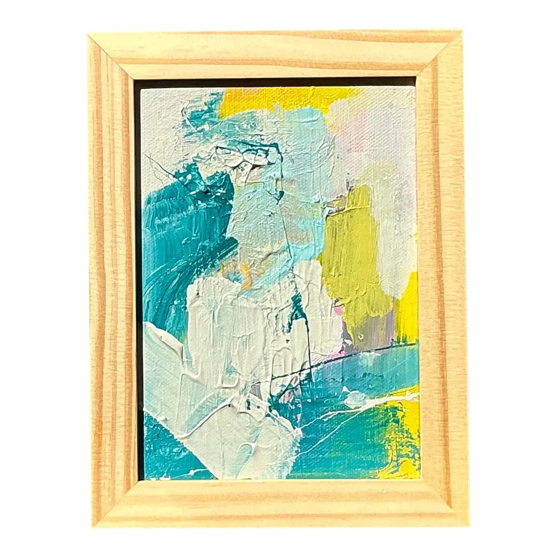 Framed Modern Abstract Oil on Board With Vibrant Teal and Yellow: Framed Modern Abstract Oil on Board With Vibrant Teal and Yellow This original abstract oil painting on board showcases the gestural modernism of the late 20th century with bold impasto strokes and re