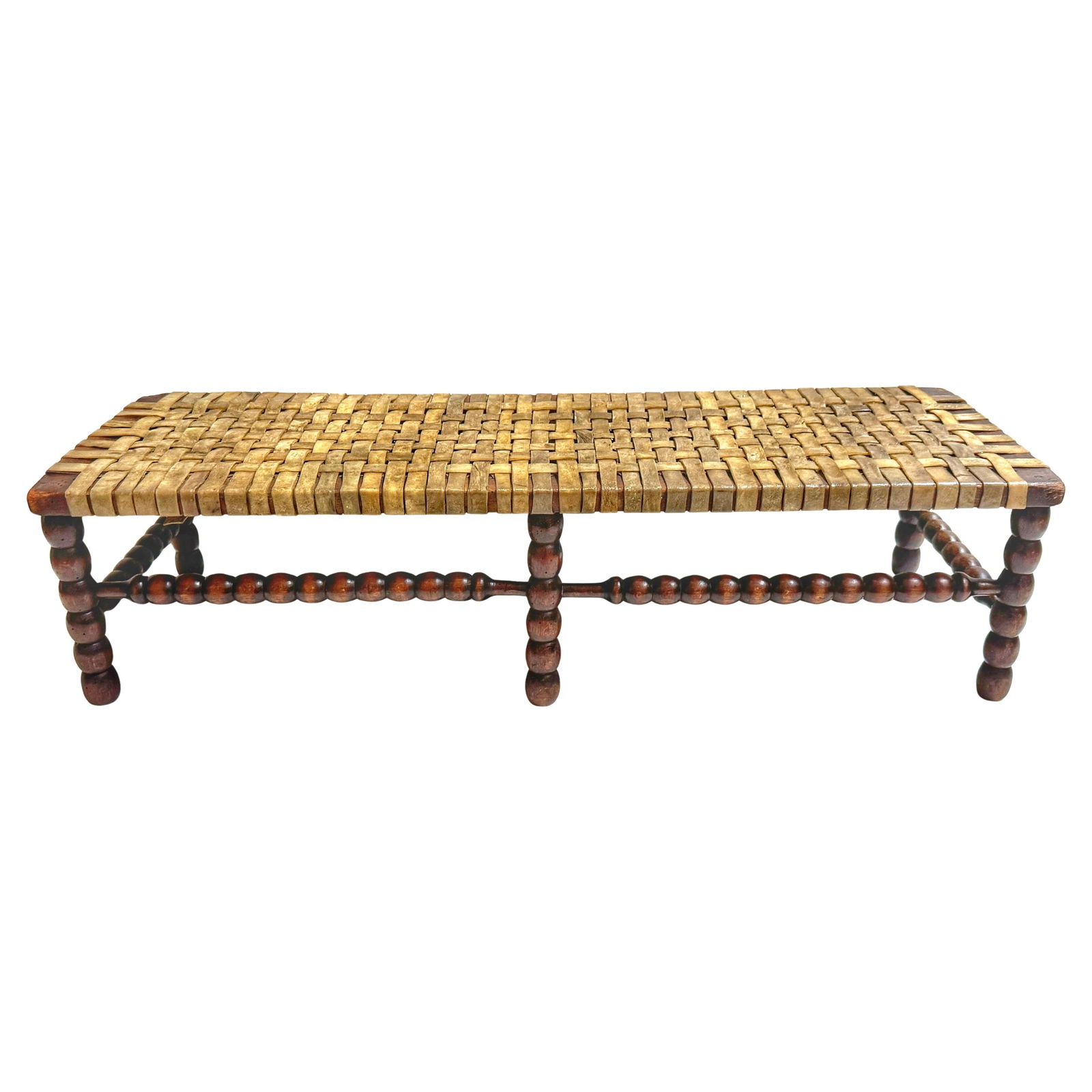 19th Century Georgian English Bobbin-Leg Footstool with Woven Rawhide: 19th Century Georgian English Bobbin-Leg Footstool with Woven Rawhide This early 19th-century English footstool or low bench showcases a beautifully woven rawhide seat and elegantly turned bobbin legs