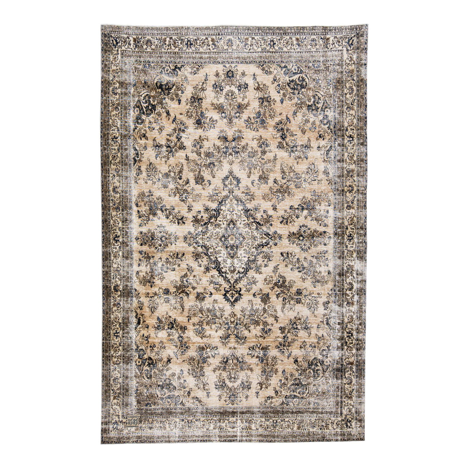 Ivory Vintage Persian Floral Hand-Knotted Wool Rug 10'7 x 16'7: Ivory Vintage Persian Floral Hand-Knotted Wool Rug 10'7 x 16'7 Discover the elegance of this Vintage Persian Handmade Floral Wool Rug, featuring a stunning ivory color field complemented by a beige fr