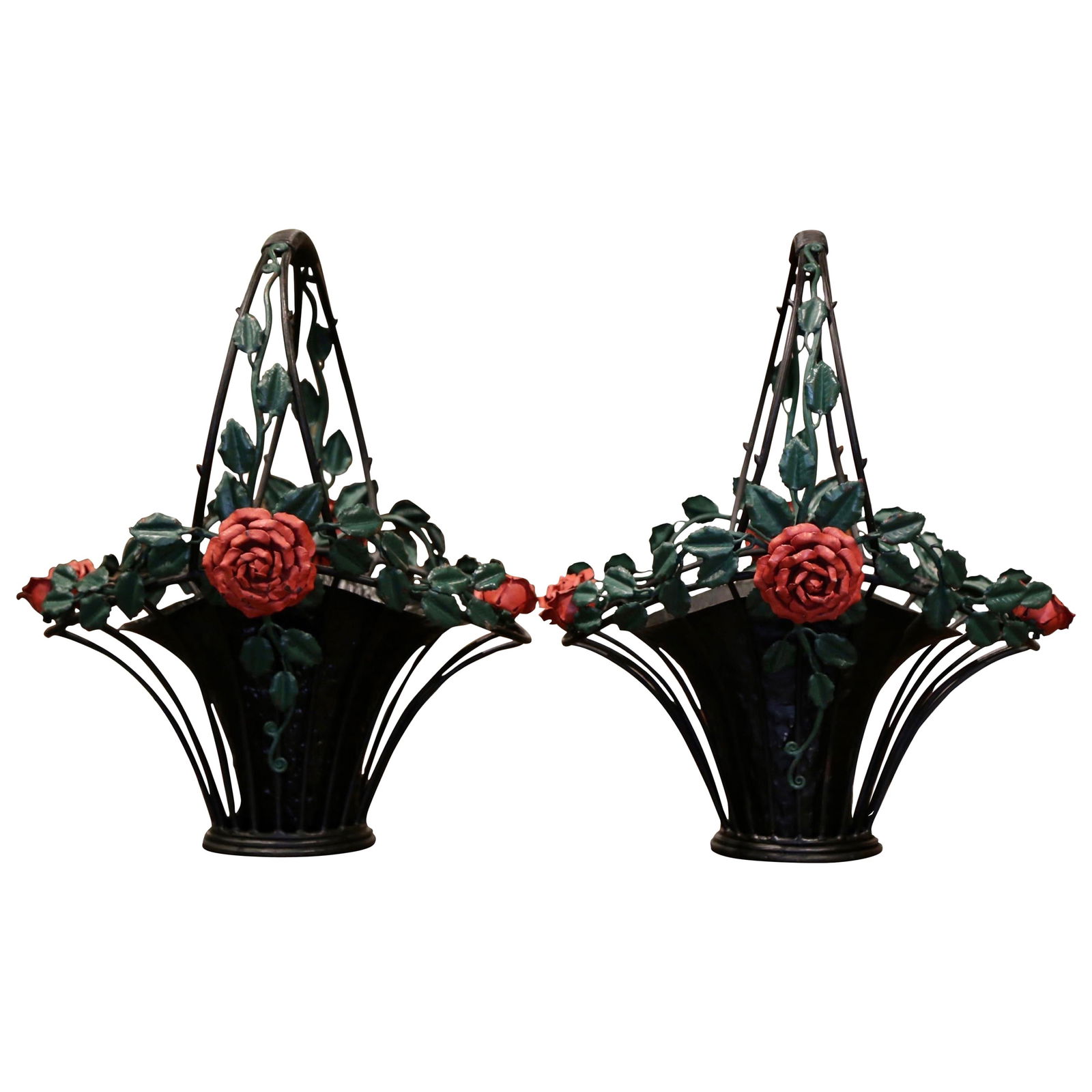 Set of 2 Vintage French Hand-Painted Metal Hanging Baskets: Set of 2 Vintage French Hand-Painted Metal Hanging Baskets Enhance your space with this exquisite pair of vintage French painted metal hanging baskets, perfect for both indoor and outdoor use. Crafted