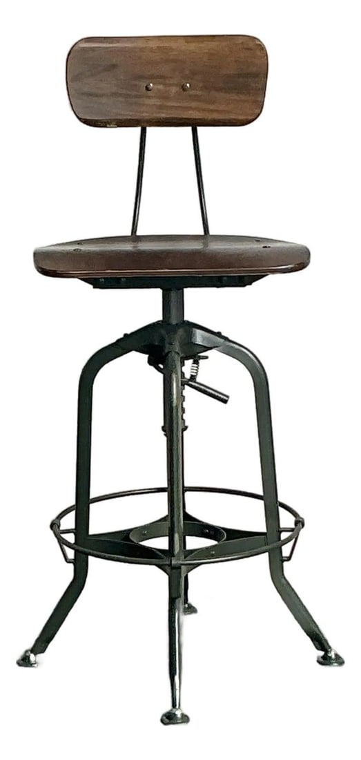 Adjustable Industrial Swivel Stool With Wood Seat And Metal Base (1 of 5)