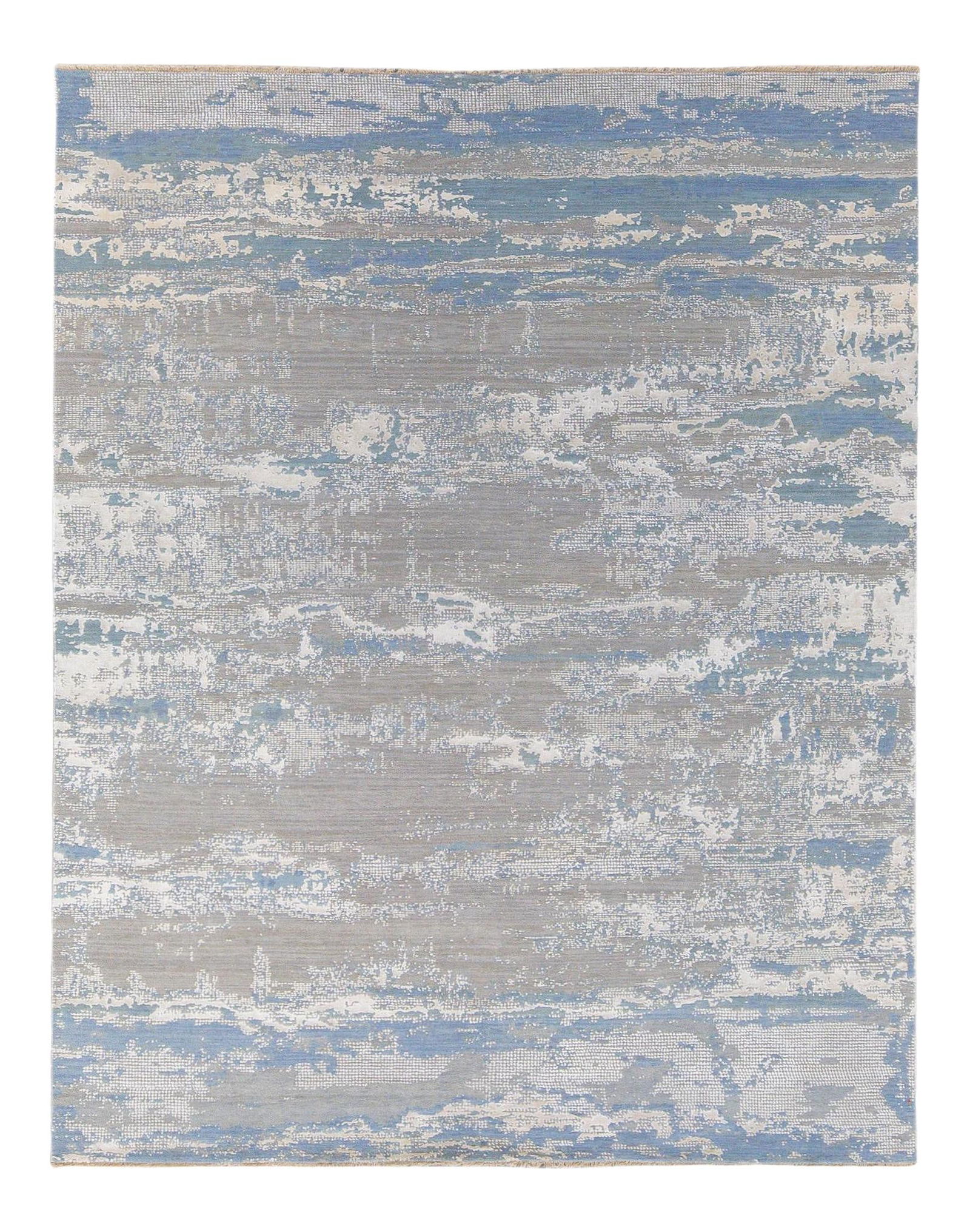 Handmade Modern Abstract Wool Silk Rug Blue Gray 8'1 x 10'2: Handmade Modern Abstract Wool Silk Rug Blue Gray 8'1 x 10'2 Enhance your space with this stunning modern Indian hand-knotted rug, showcasing a beautiful blend of blue, gray, and ivory tones. The capti