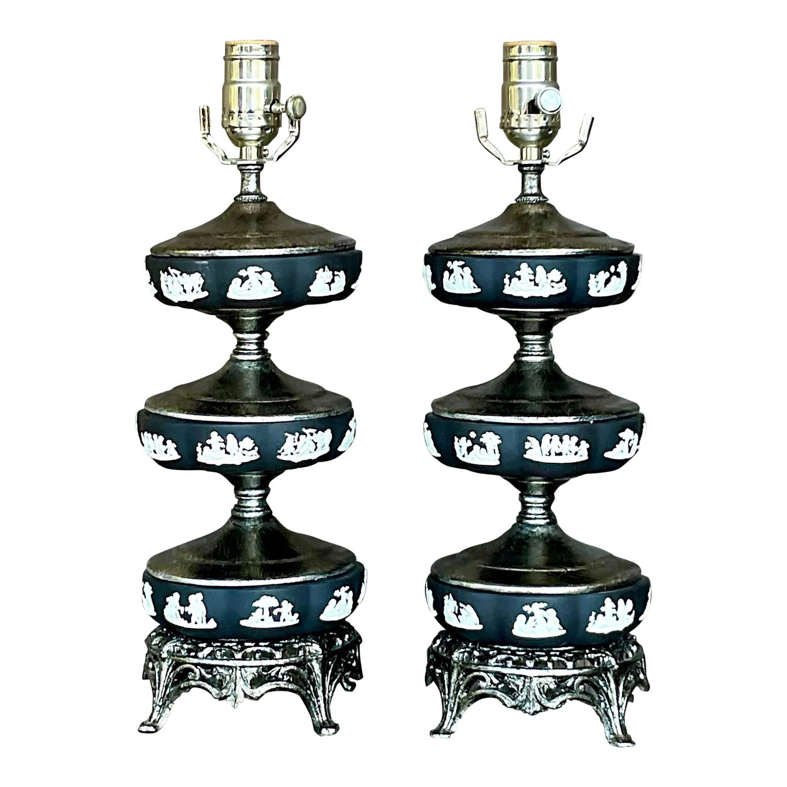 Pair of Vintage Regency Stacked Table Lamps Inspired by Wedgwood: Pair of Vintage Regency Stacked Table Lamps Inspired by Wedgwood Enhance your living space with these Vintage Regency Stacked Table Lamps, a stunning pair inspired by Wedgwood design. These American-c