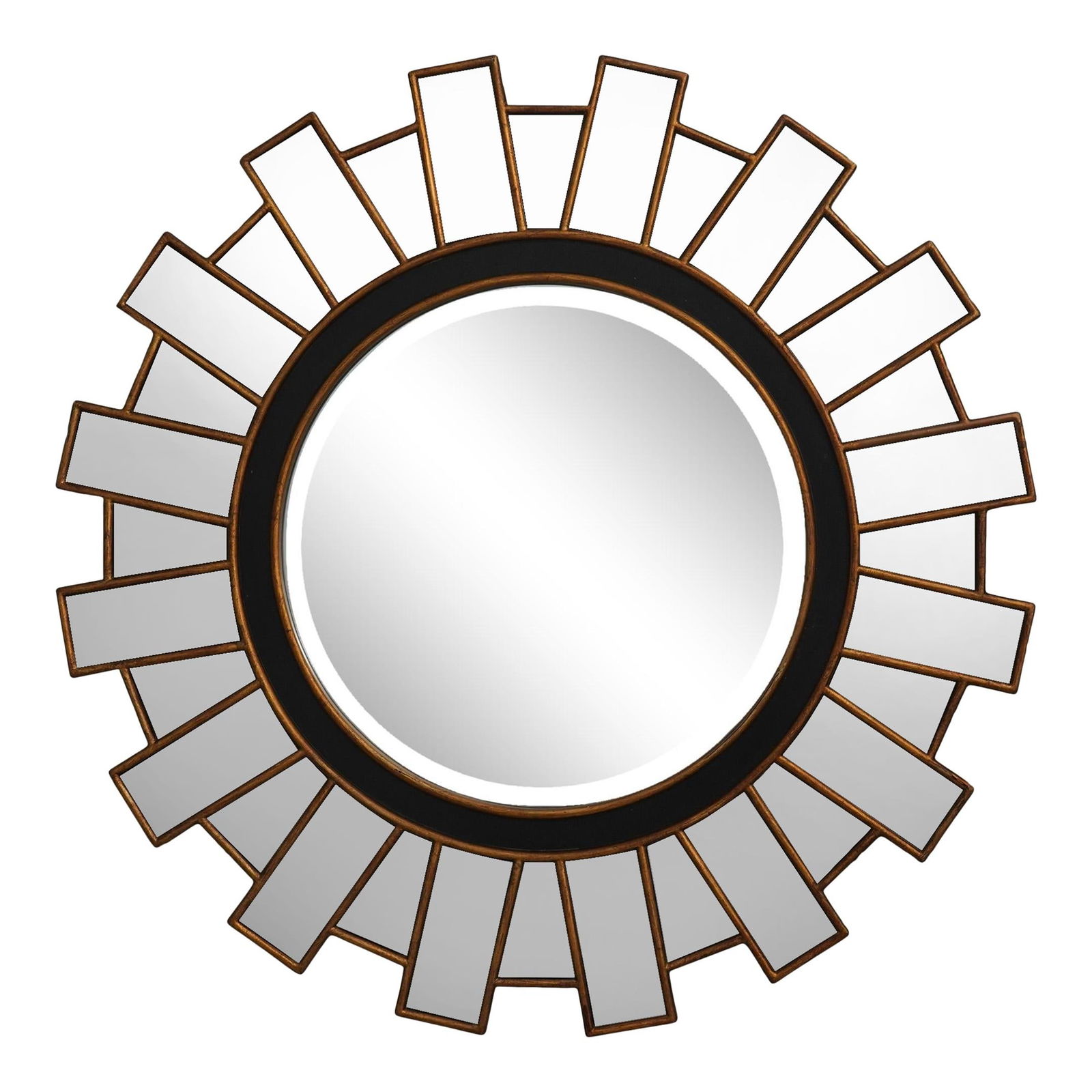 Vintage Black and Gold Modern Sunburst Decorative Mirror 42": Vintage Black and Gold Modern Sunburst Decorative Mirror 42" This stunning Modern Sunburst Design Multi Panel Decorative Mirror features a timeless black and gold finish that adds elegance to any spac