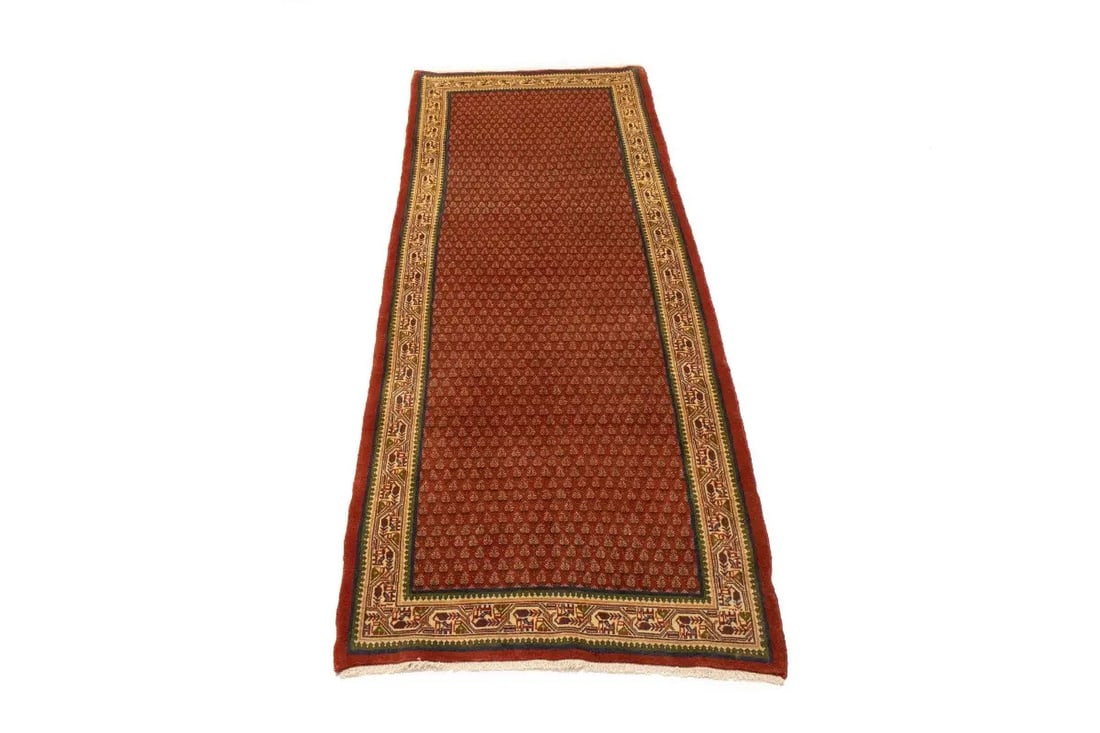 Hand-Knotted Wool Vintage Floral Runner Rug 3'7 x 9'8: Hand-Knotted Wool Vintage Floral Runner Rug 3'7 x 9'8 This vintage Oriental runner rug features an allover floral design in shades of rusty red, cream, olive green, rusty pink, and blue-gray. Hand-kno