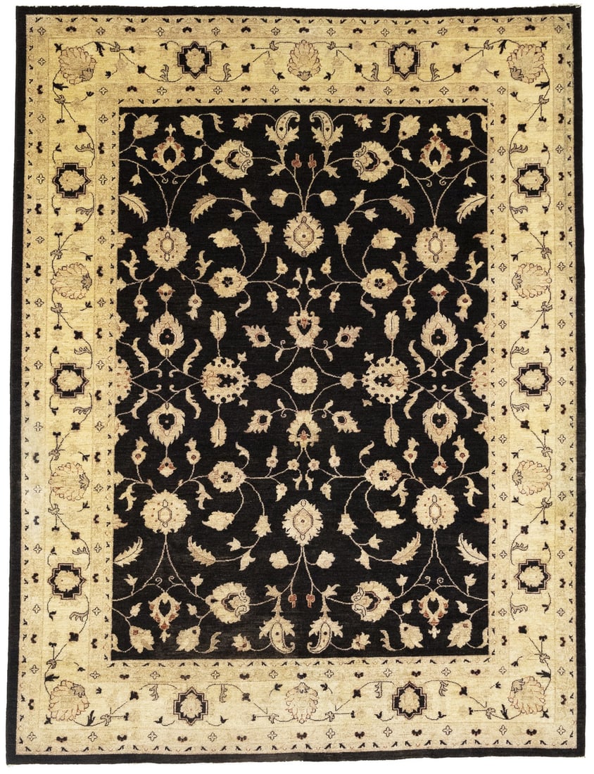 9'0 x 11'10 Wool Floral Peshawar Area Rug Hand-Knotted Modern Rectangle: 9'0 x 11'10 Wool Floral Peshawar Area Rug Hand-Knotted Modern Rectangle This 9'0 x 11'10 hand-knotted Peshawar Oriental rug features a floral design in shades of black, cream, beige, and rusty red. Cr