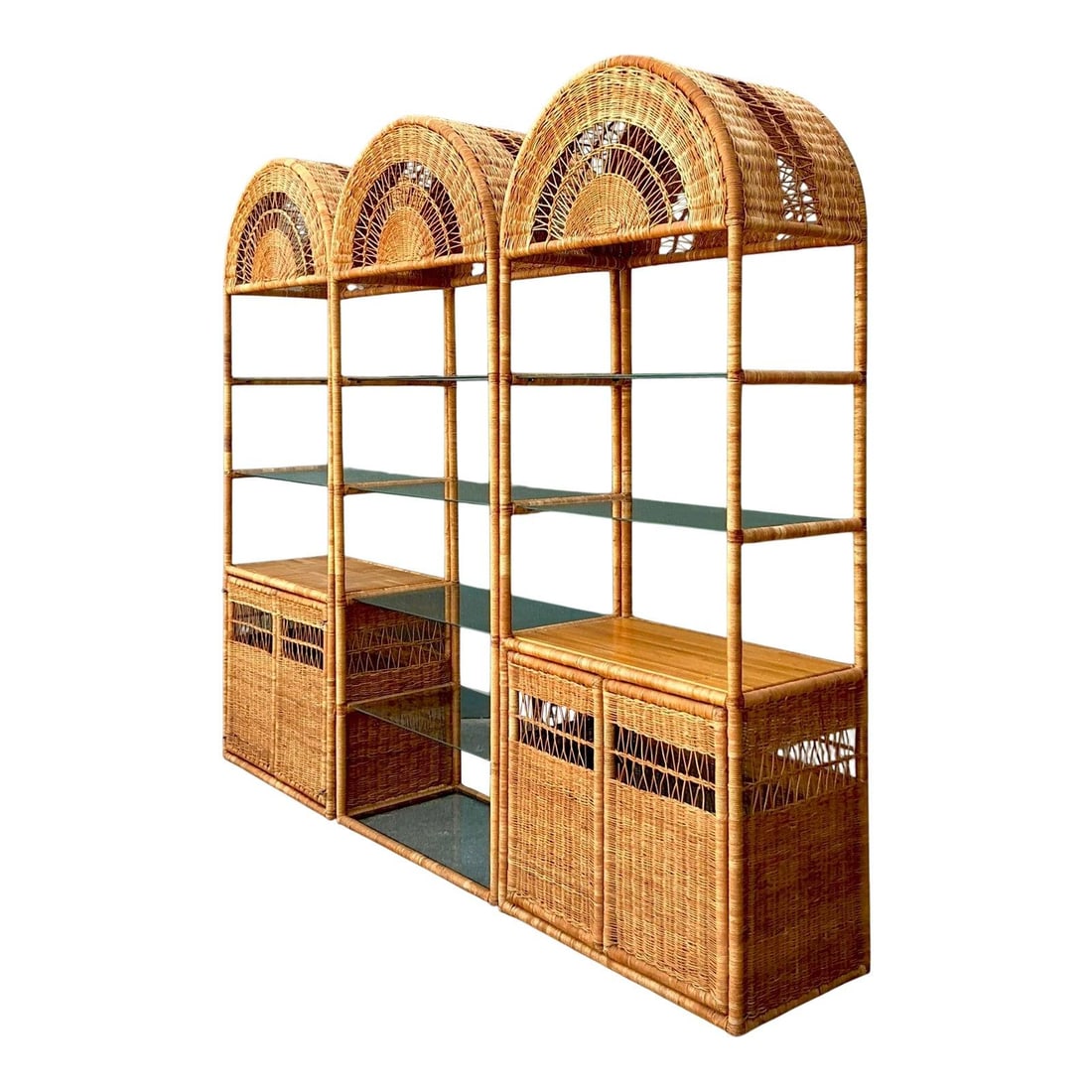 Three Piece Rattan Wall Unit with Arched Wicker Detailing and Glass Shelves Set of 3 (1 of 10)