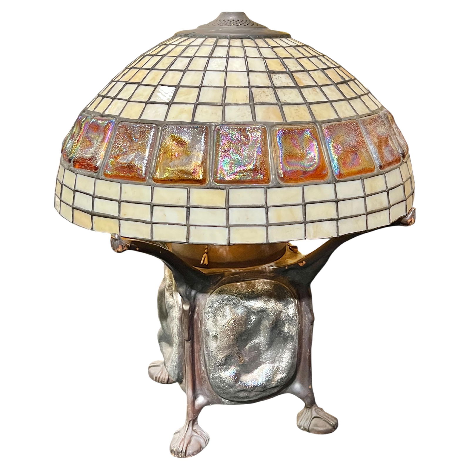 Leaded Glass Bronze Table Lamp with Iridescent Turtle Back Shade (1 of 12)