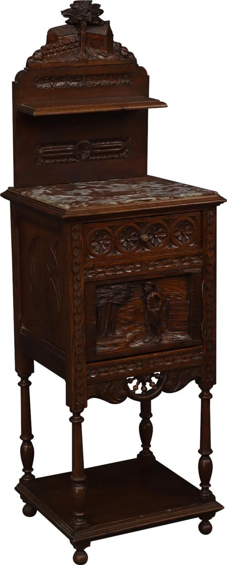 1880 Brittany Style Chestnut Nightstand: 1880 Brittany Style Chestnut Nightstand This 1880 French chestnut nightstand exudes timeless elegance, featuring a classic Brittany style that adds a touch of sophistication to any bedroom. Crafted fr
