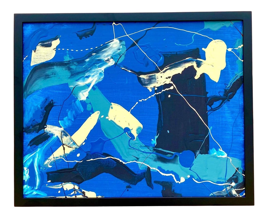 D. Batt Contemporary Abstract Oil Painting in Royal Blue: D. Batt Contemporary Abstract Oil Painting in Royal Blue Experience the allure of this stunning original oil painting, a vibrant abstract artwork signed by D. Batt. Featuring crisp, clear blues and wh