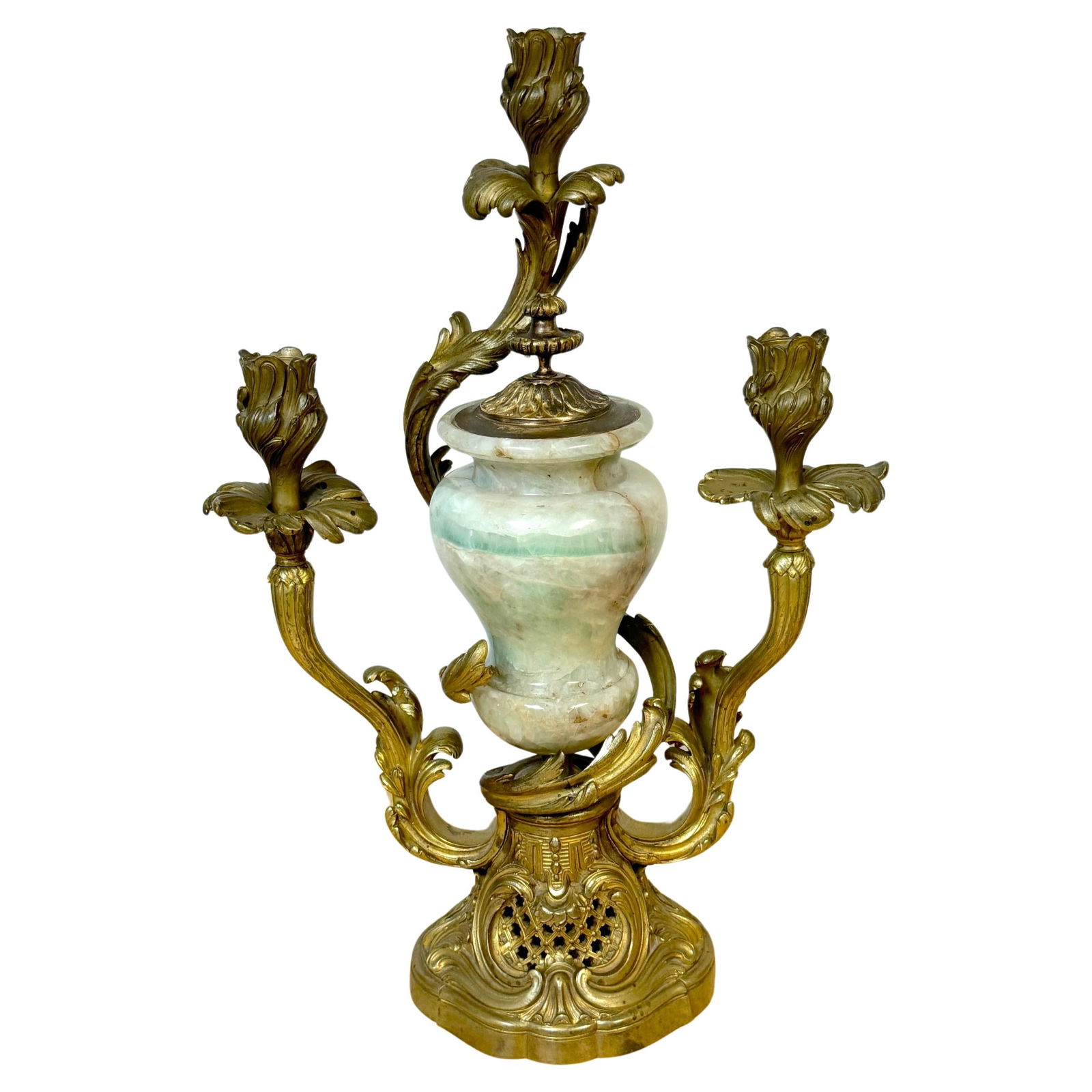 19th Century Louis XVI Ormolu Candelabra with Green Quartz Urn: 19th Century Louis XVI Ormolu Candelabra with Green Quartz Urn This exquisite 19th Century Louis XVI Style Ormolu Three-Light Candelabra, crafted in Paris around the 1880s, exemplifies fine workmanshi