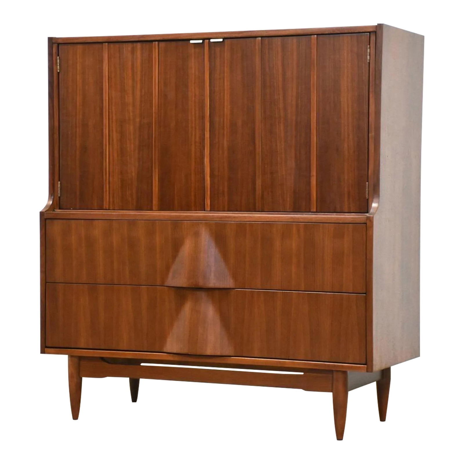 Mid Century Walnut Tall Dresser Armoire with Sculpted Drawers (1 of 9)