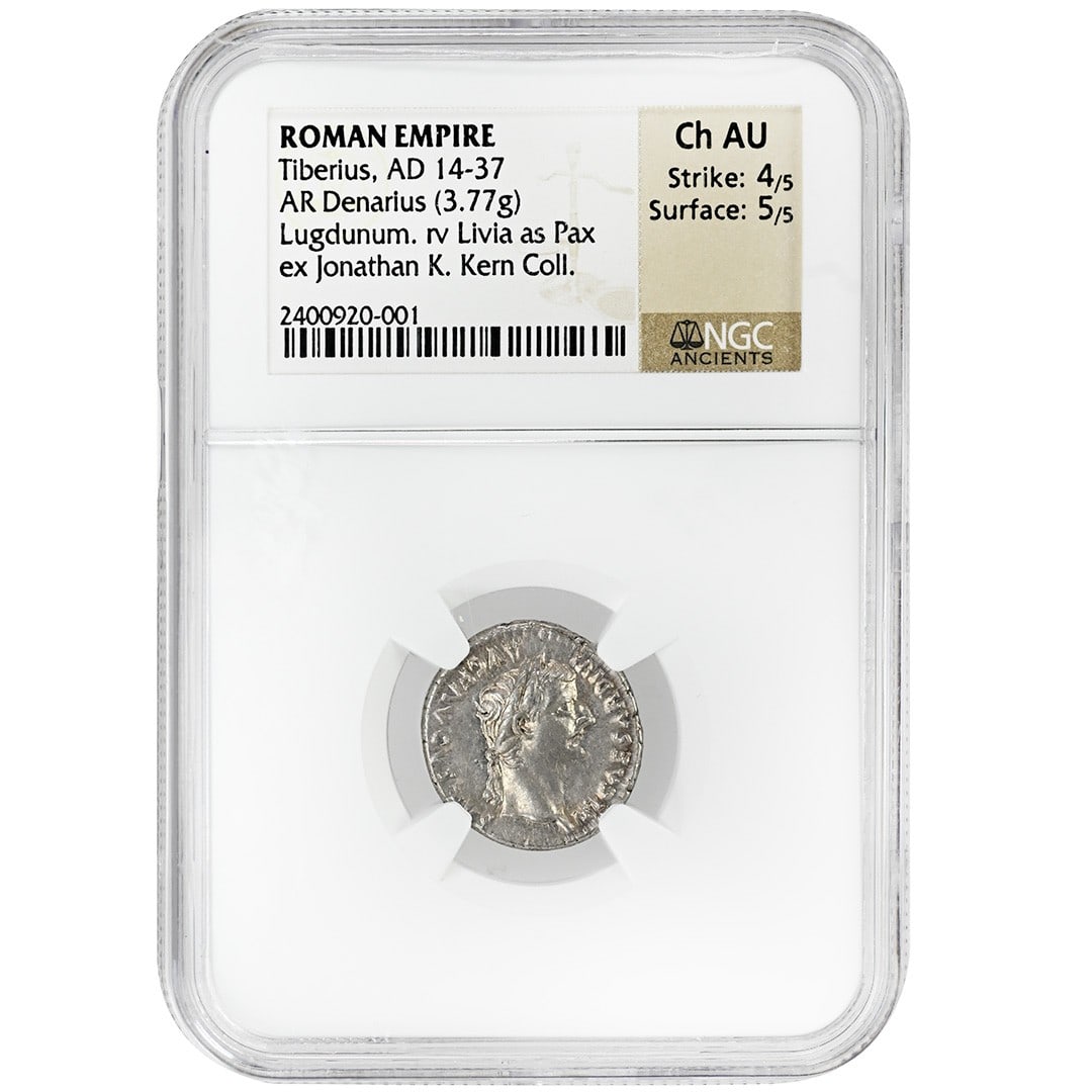Roman Denarius Silver Coin Tiberius NGC Ch AU Lugdunum Mint (1 of 2)