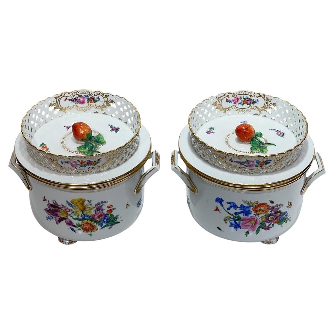 Pair of 19th Century German Porcelain Fruit Coolers with Covers: Pair of 19th Century German Porcelain Fruit Coolers with Covers This pair of 19th century Meissen fruit coolers features exceptional white glazed porcelain craftsmanship. Each cooler is composed of th
