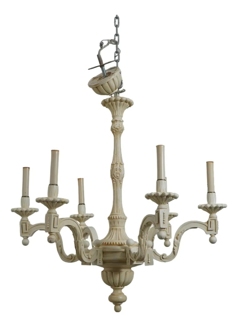Ornate Italian Painted Finish Arm Chandelier Off-White: Ornate Italian Painted Finish Arm Chandelier Off-White Illuminate your space with this exquisite Italian Style Painted Finish Arm Chandelier, showcasing a simple yet ornate design. Crafted around 2010
