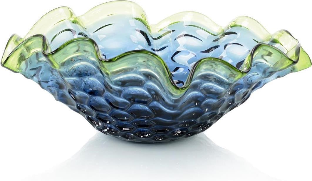 John-Richard Art Nouveau Emerald Green Shell Bowl 8.5H 22W 22D: John-Richard Art Nouveau Emerald Green Shell Bowl 8.5H 22W 22D Elevate your home decor with this stunning handblown glass shell bowl, showcasing a captivating emerald green and royal blue semitransluc