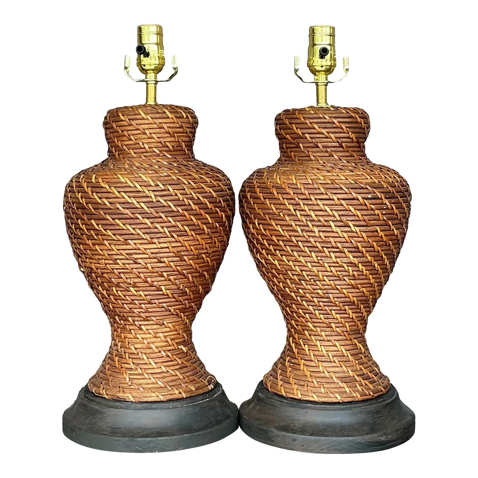 Charming Pair of Vintage Coastal Rattan Lamps 8x8x18.75: Charming Pair of Vintage Coastal Rattan Lamps 8x8x18.75 Enhance your decor with this stunning pair of Vintage Coastal Woven Rattan Lamps. Showcasing intricate rattan craftsmanship, these lamps are des