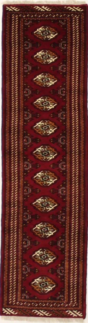 2'8 x 9'8 Wool Tribal Runner Rug Hand-Knotted Geometric Hallway Carpet: 2'8 x 9'8 Wool Tribal Runner Rug Hand-Knotted Geometric Hallway Carpet This hand-knotted wool runner rug features a striking tribal geometric pattern in shades of red, black, ivory, and rust. Crafted