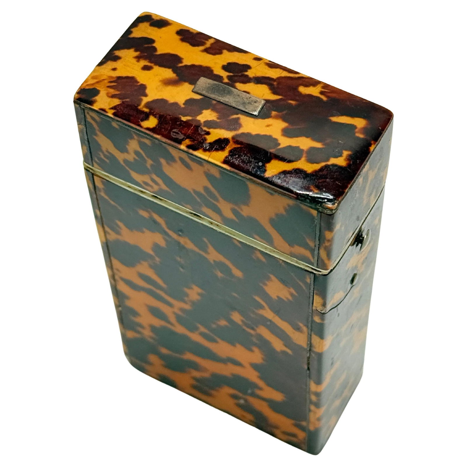 Early 19th Century Faux Tortoiseshell Cigar Case with Silver Mounts Hinged Lid: Early 19th Century Faux Tortoiseshell Cigar Case with Silver Mounts Hinged Lid This early 19th-century cigar case features a richly mottled faux tortoiseshell veneer, accented with ivory-colored mount