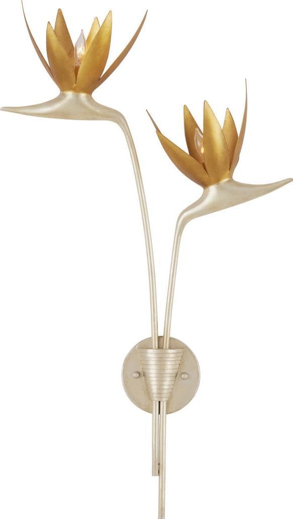 Currey Nature-Inspired Gold Silver Wall Sconce Dimmable Ambient Light: Currey Nature-Inspired Gold Silver Wall Sconce Dimmable Ambient Light Illuminate your space with this stunning Nature-Inspired Silver & Gold Wall Sconce, expertly crafted from durable wrought iron. Th