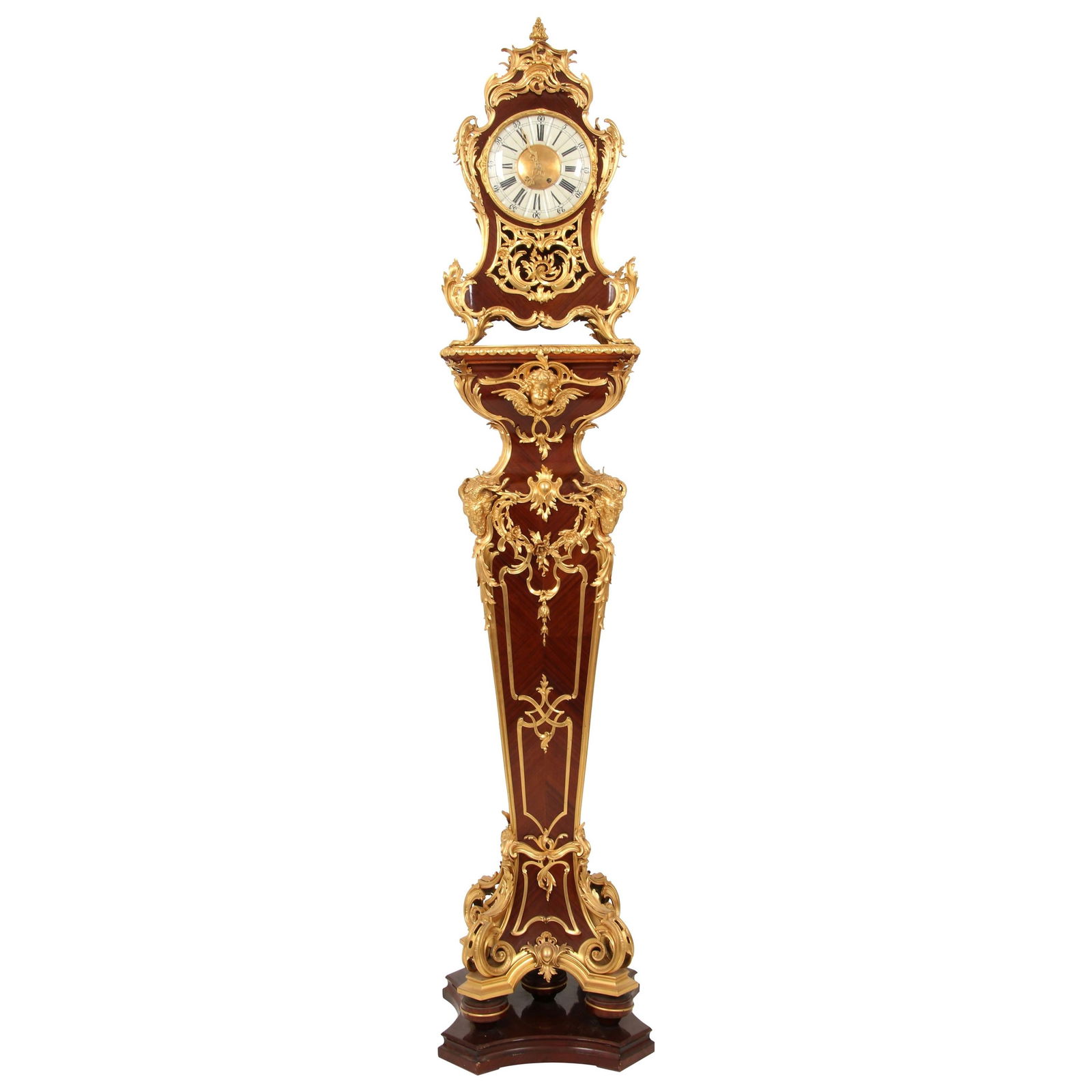 Set of Two French Mahogany Clocks with Gilt Bronze Mounts on Pedestals: Set of Two French Mahogany Clocks with Gilt Bronze Mounts on Pedestals This is a palace-size French clock on pedestal from the 19th century, crafted in the Louis XV style. The piece is made of mahogan