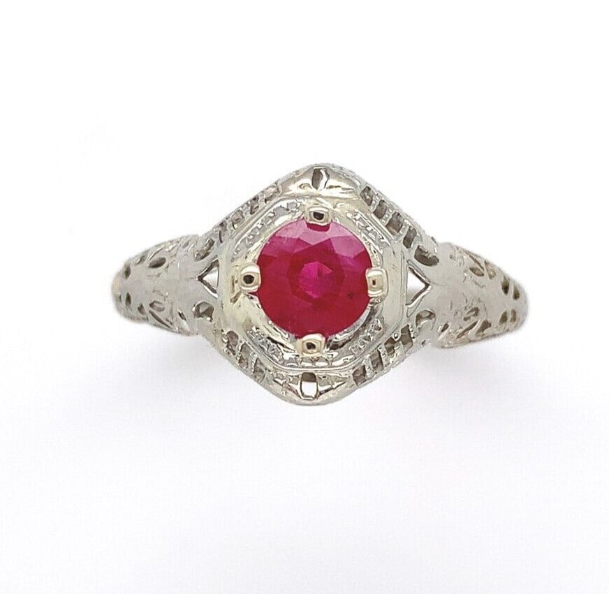Art Deco 14k White Gold Filigree Ring with .66ct Natural Ruby (1 of 9)