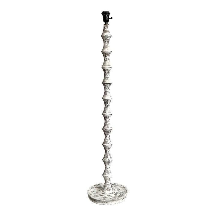 Pair of White Washed Spindle Wood Floor Lamps Boho Chic Style: Pair of White Washed Spindle Wood Floor Lamps Boho Chic Style This pair of vintage floor lamps features a distinctive bobbin-turned spindle silhouette with a weathered white-wash finish, highlighting