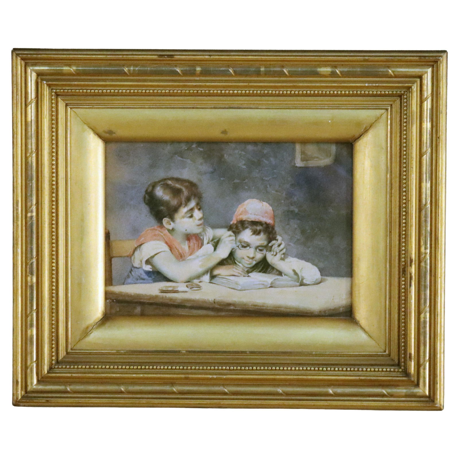 Antique Watercolor Painting of Two Children by A. Percy C1910: Antique Watercolor Painting of Two Children by A. Percy C1910 This exquisite antique watercolor painting, created circa 1910 by artist A. Percy, captures a charming scene of two children in a playful