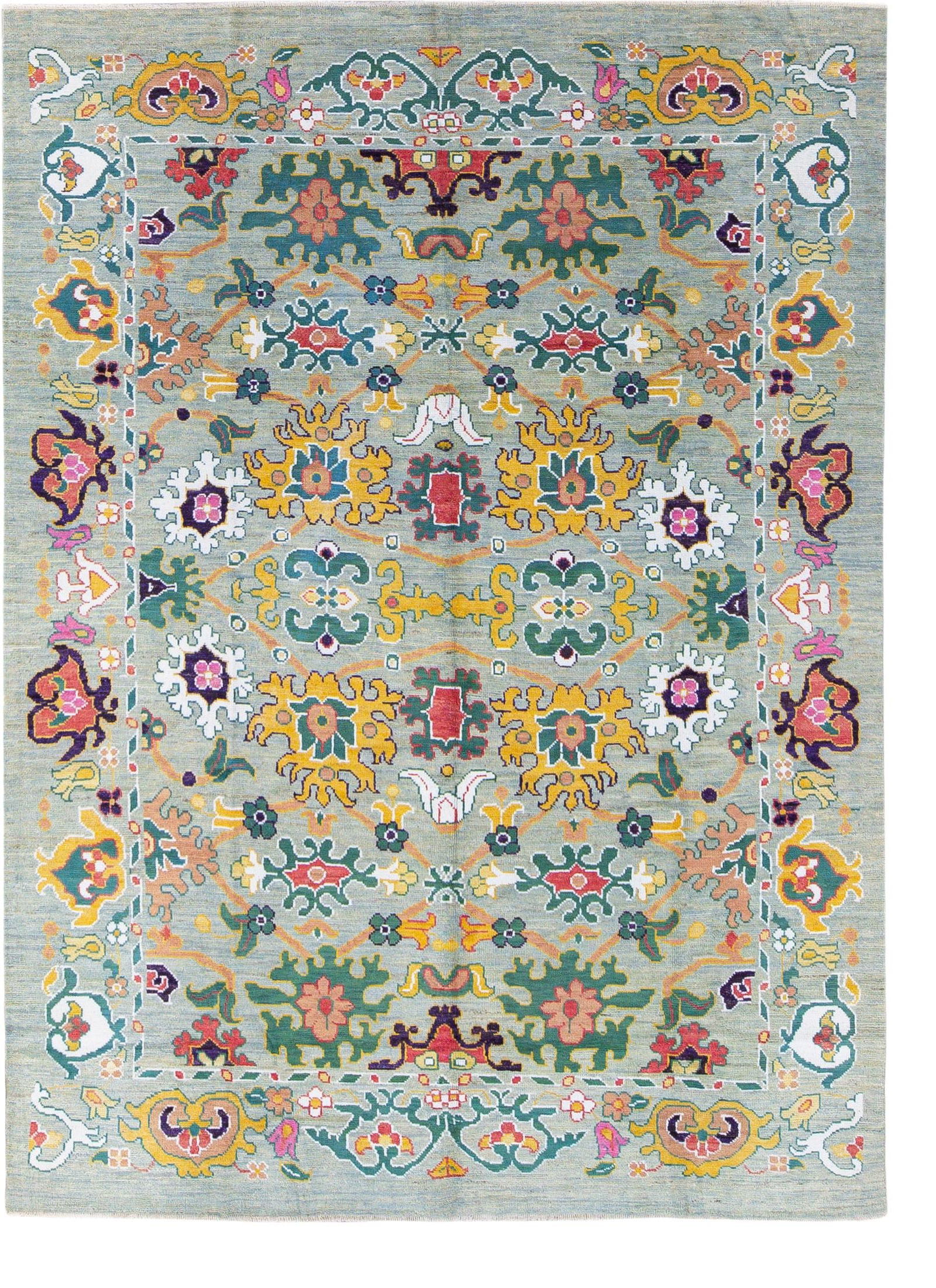Handmade Modern Oushak Wool Rug Blue Green Floral 8'4 x 11'6 (1 of 10)
