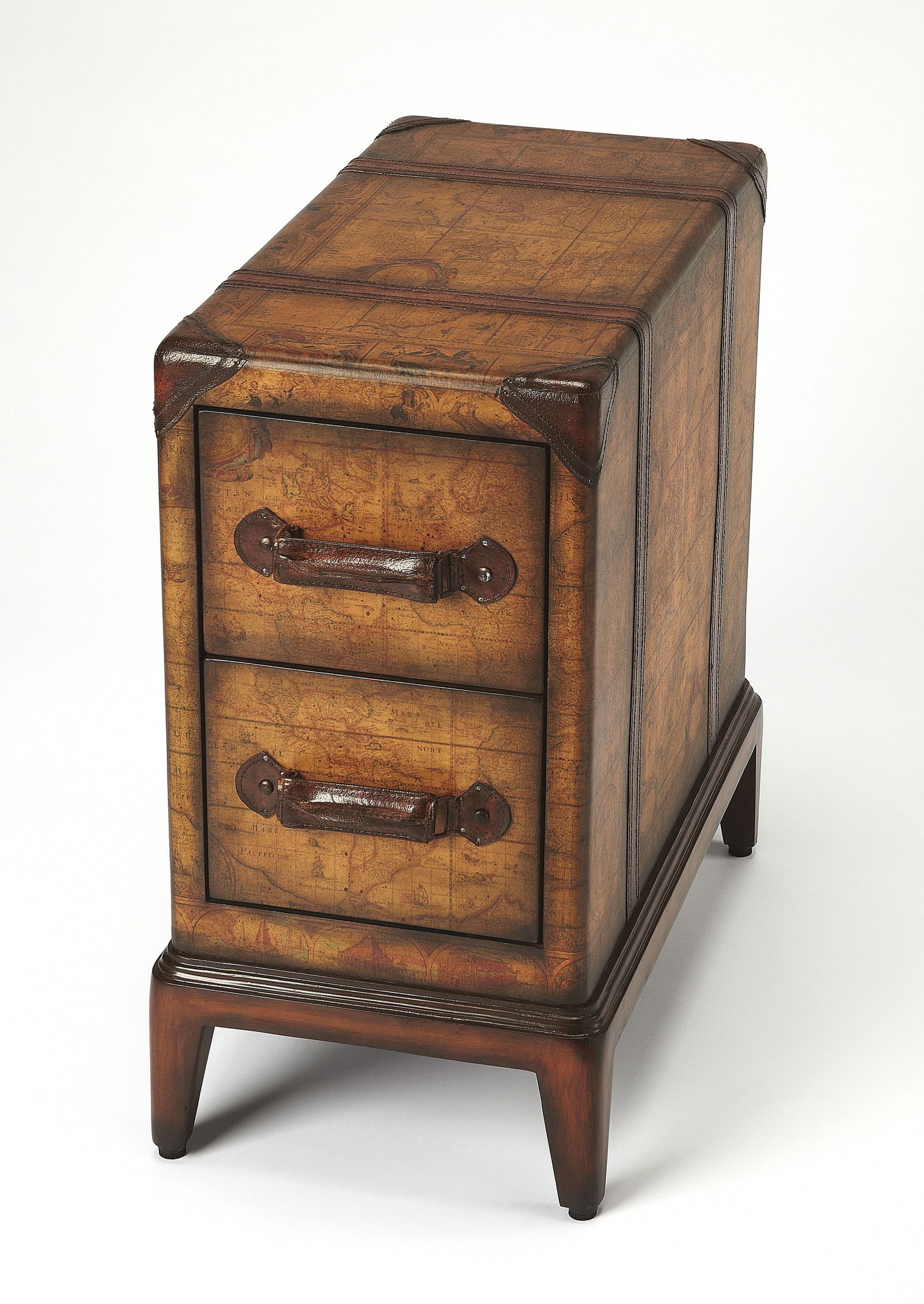 Heritage Brown Acacia Side Table with Faux Leather Detailing: Heritage Brown Acacia Side Table with Faux Leather Detailing This end table features a sophisticated English traditional style, crafted with acacia wood, faux leather accents, and metal elements. The