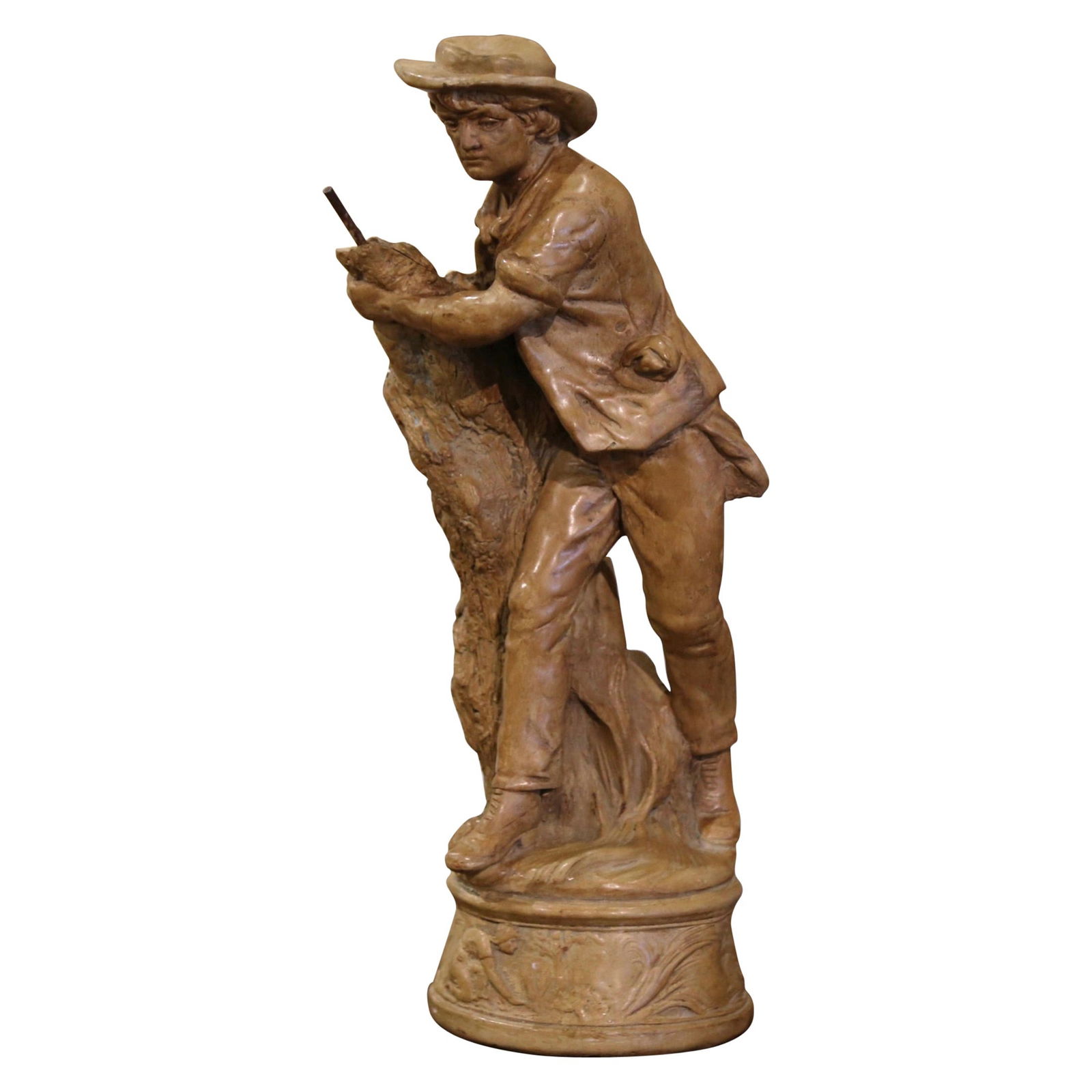 19th Century French Terracotta Farmer Sculpture Handcrafted Circa 1880: 19th Century French Terracotta Farmer Sculpture Handcrafted Circa 1880 This exquisite 19th Century French Terracotta Sculpture captures a young farmer engaged in the harvest, expertly crafted circa 18
