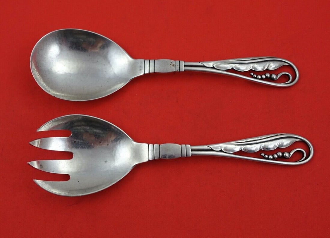 Georg Jensen Ornamental #42 Sterling Silver Salad Serving Set 2-Piece GJ Mark (1 of 2)