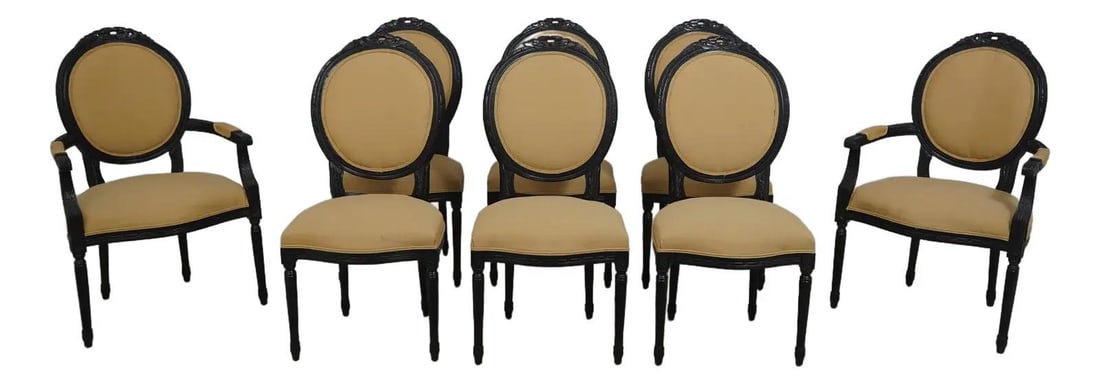 Set of 8 Jackson Louis XVI Oval Back Bergere Chairs Black Finish: Set of 8 Jackson Louis XVI Oval Back Bergere Chairs Black Finish This exquisite set of 8 Jackson French Louis XVI oval back Bergere chairs features fine carved details and quality construction that sh