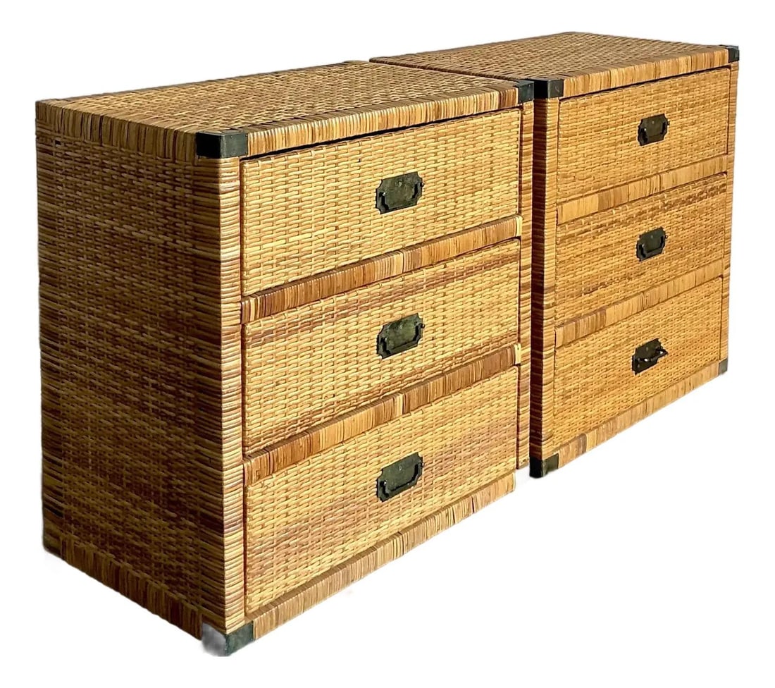Pair of Bohemian Rattan Campaign Style Chests with Brass Hardware: Pair of Bohemian Rattan Campaign Style Chests with Brass Hardware This pair of vintage campaign chests features meticulously woven rattan construction, complemented by classic brass hardware on the co