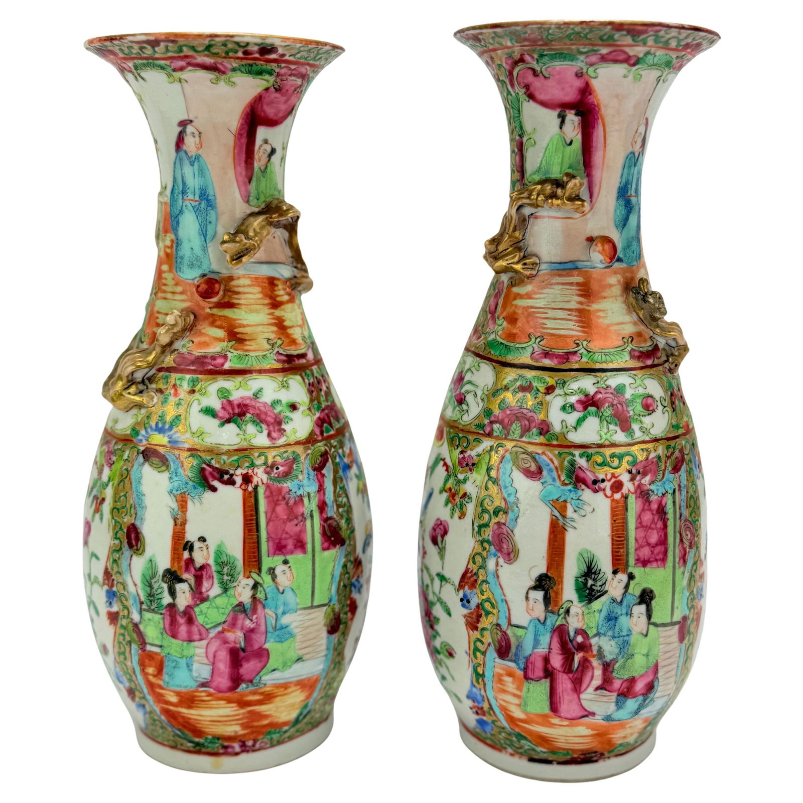 Set of 2 19th Century Chinese Export Rose Medallion Vases with Gilt Dragons (1 of 10)