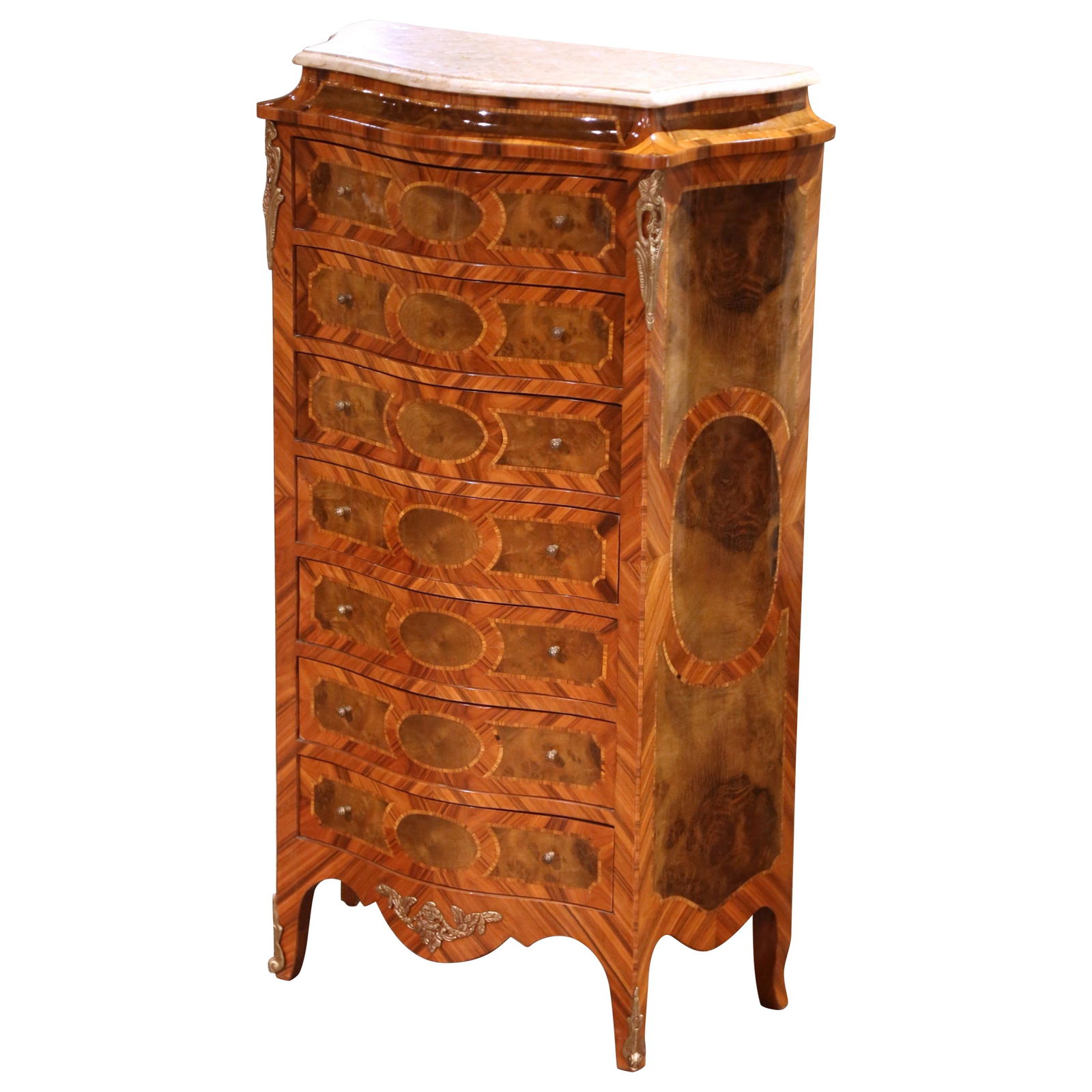 French Mid-Century Louis XV Style Semainier With Marble Top and Marquetry: French Mid-Century Louis XV Style Semainier With Marble Top and Marquetry This mid-century French Louis XV style semainier features a variegated beige marble top and is crafted from fruit wood with a