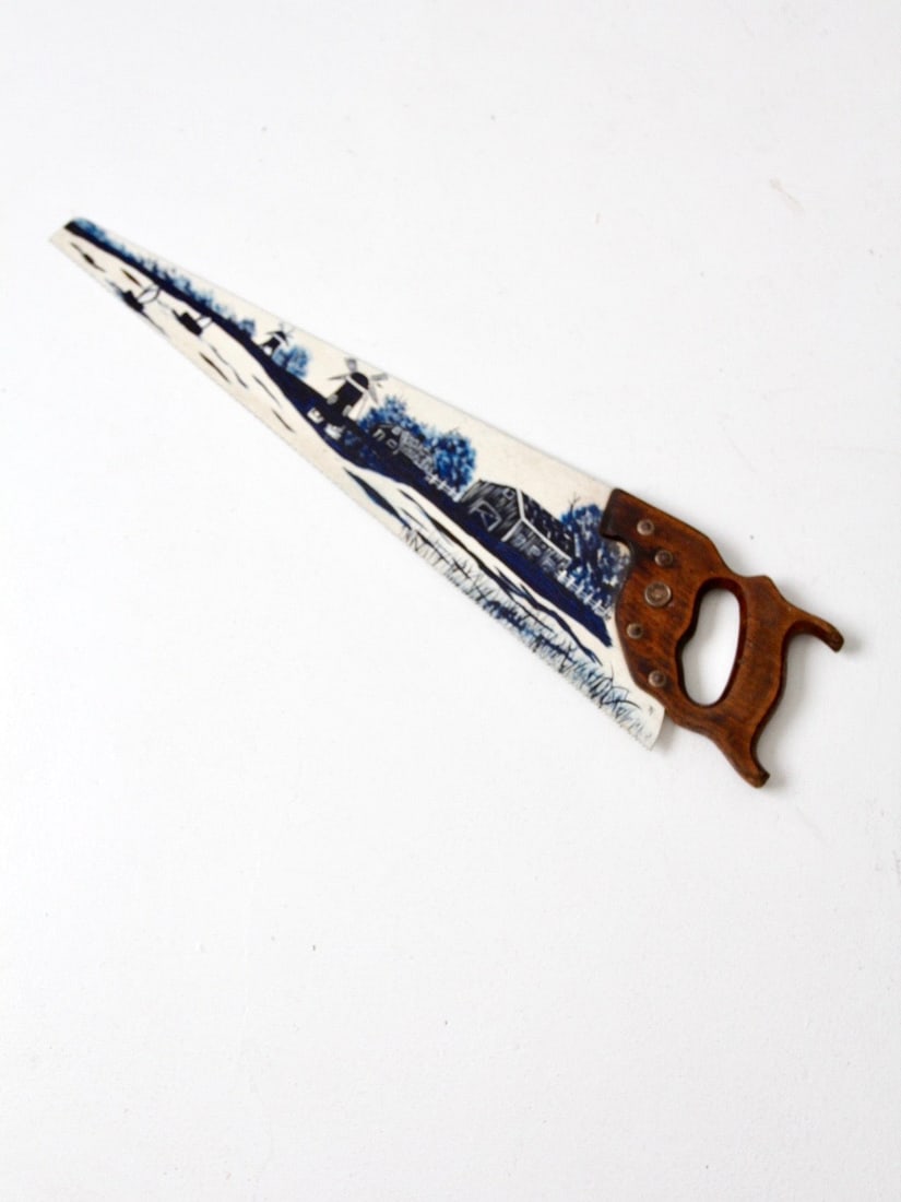 Vintage Warranted Superior Hand Saw Folk Art Painting Farm Scene: Vintage Warranted Superior Hand Saw Folk Art Painting Farm Scene This unique vintage folk art piece is handcrafted on a Warranted Superior hand saw, showcasing a beautifully painted farm scene on its