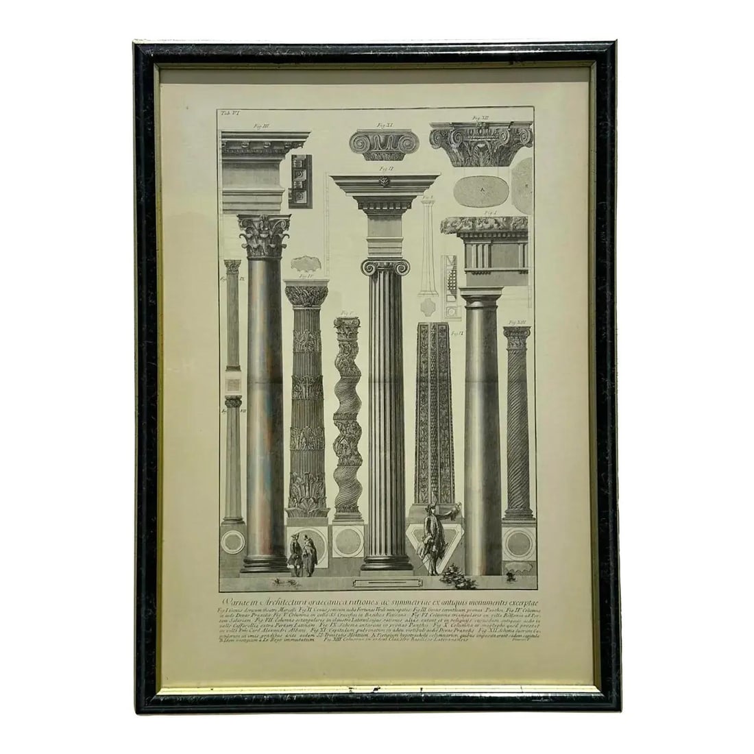 Original Engraving of Classical Columns in Frame: Original Engraving of Classical Columns in Frame This vintage Boho engraving features a stylish composition of different types of columns, presented on paper. The original artwork is framed and protec