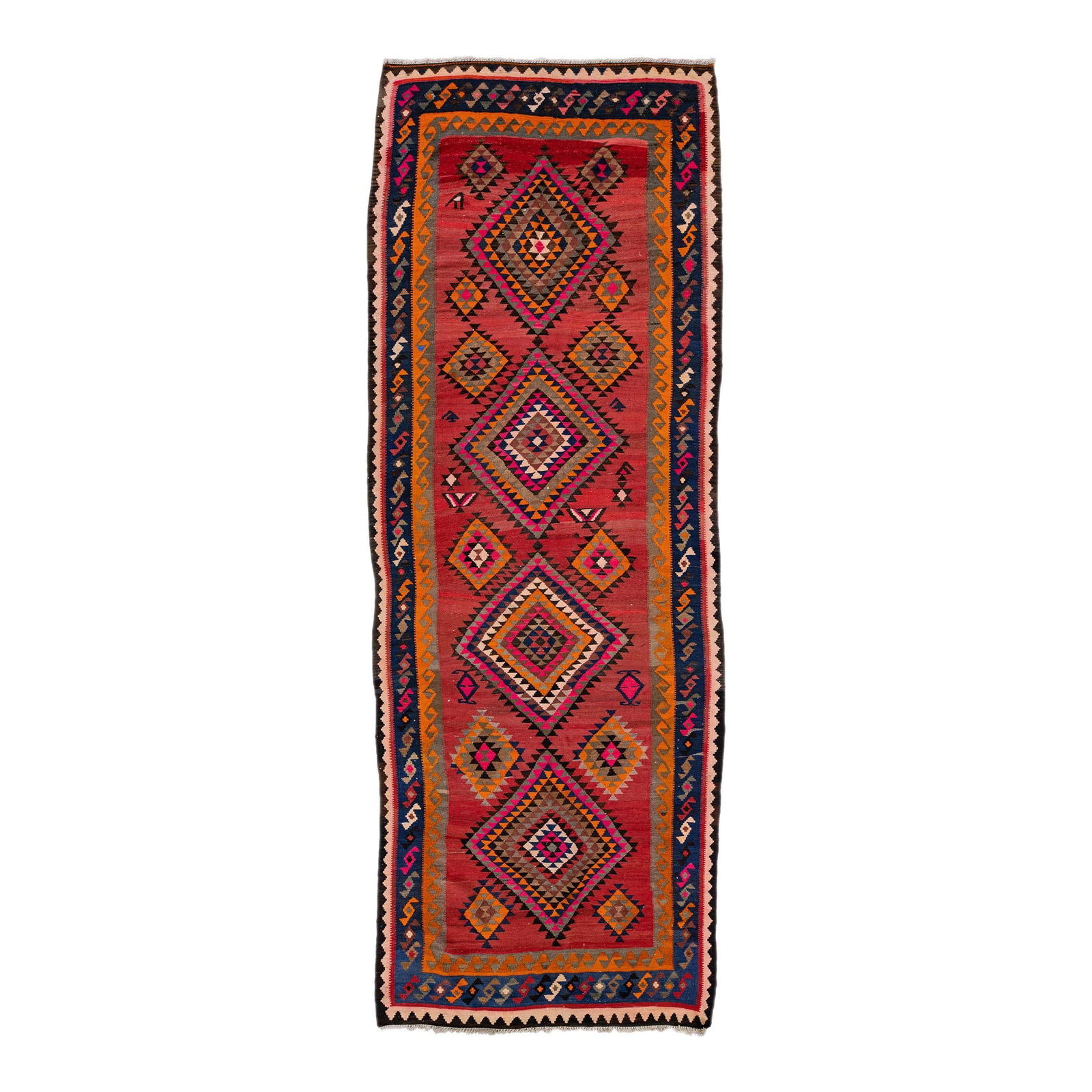 Vintage Turkish Kilim Wool Runner Red Multicolor Tribal Design 5'3" x 14'10": Vintage Turkish Kilim Wool Runner Red Multicolor Tribal Design 5'3" x 14'10" Enhance your space with this stunning vintage Turkish Kilim runner, meticulously hand-knotted from premium wool. Featuring