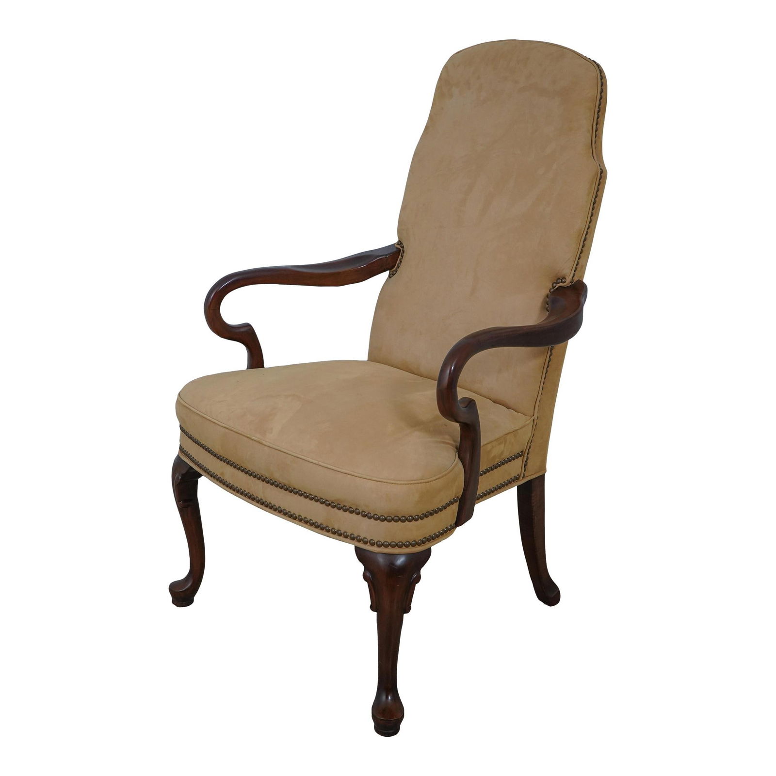 Ethan Allen Brown Suede Queen Anne Armchair Cherry Wood: Ethan Allen Brown Suede Queen Anne Armchair Cherry Wood This elegant Ethan Allen Suede Upholstered Queen Anne Armchair showcases a timeless design with quality craftsmanship. With approximately 25 yea