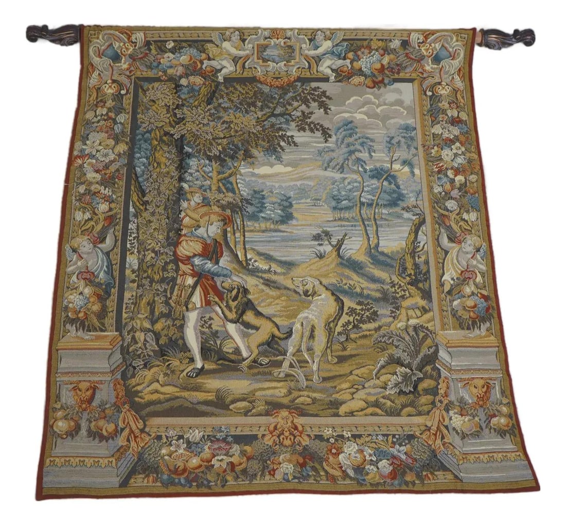 French Verdure Tapestry Dog Hunt Scene 59 x 51 Inches (1 of 9)