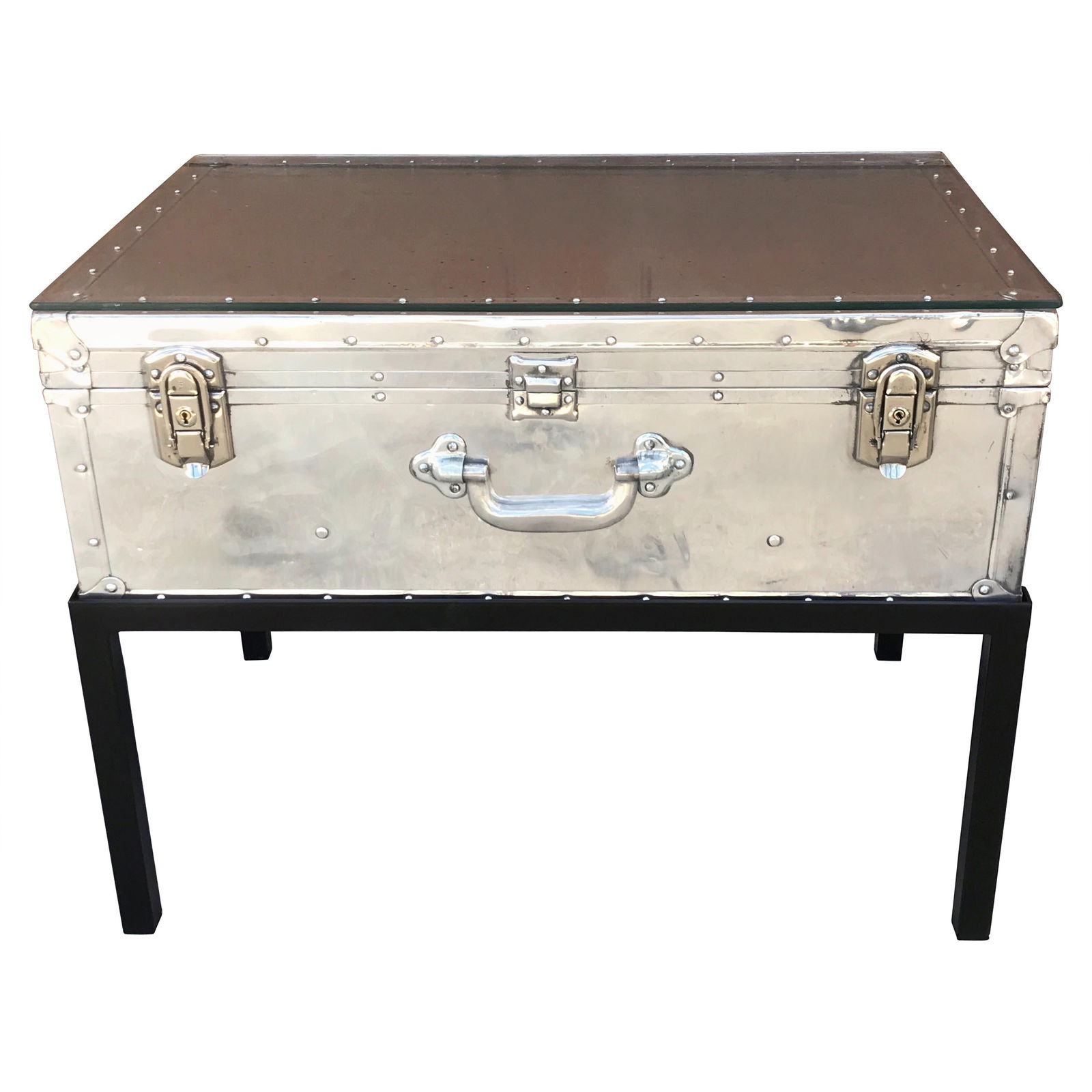 Japanese Post War Aluminum Trunk with Glass Top on Iron Stand (1 of 11)
