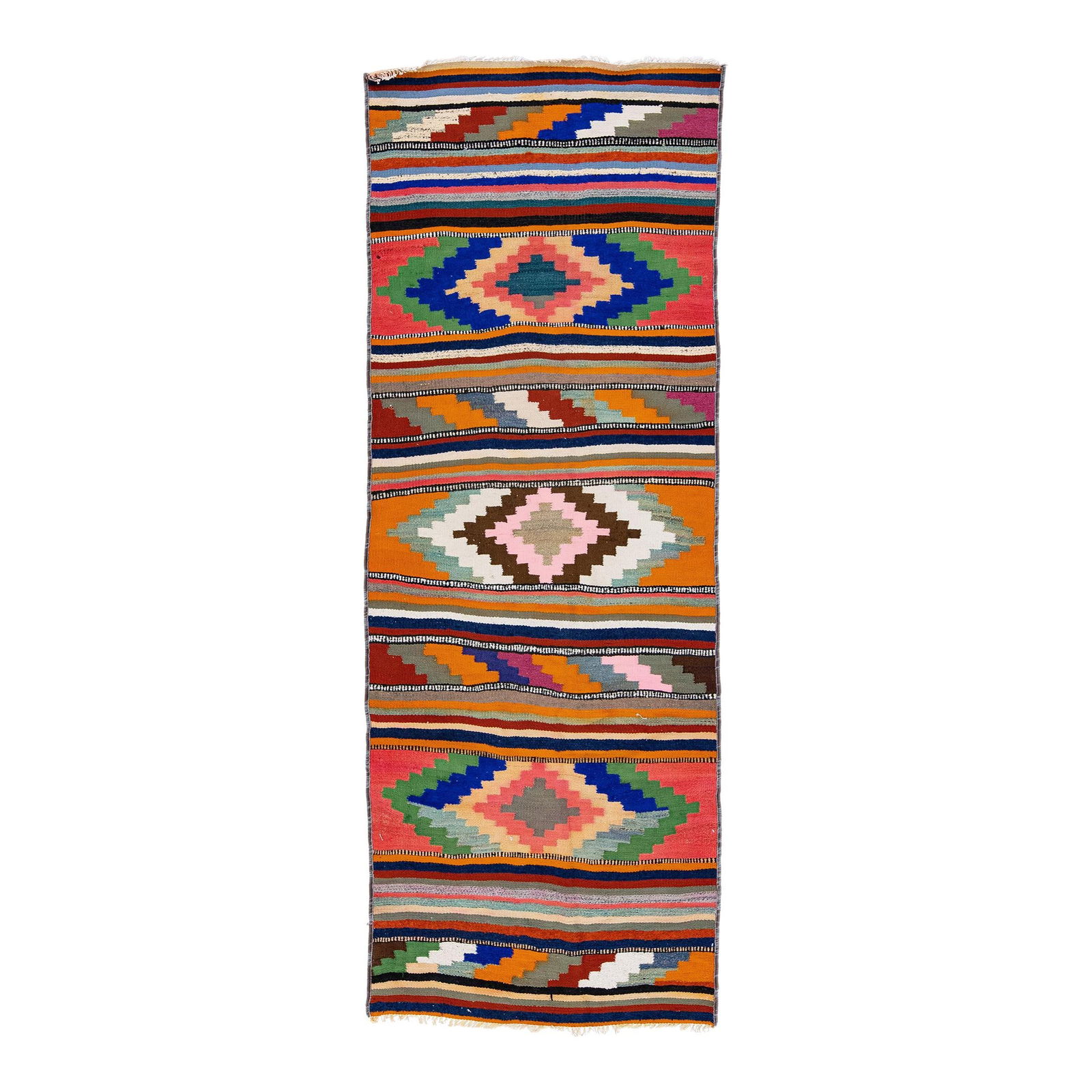Vintage Turkish Kilim Multicolor Wool Rug 3'2 x 8'7 Handmade: Vintage Turkish Kilim Multicolor Wool Rug 3'2 x 8'7 Handmade This stunning vintage Turkish Kilim rug showcases a vibrant orange field complemented by multicolor accents in a captivating all-over geome
