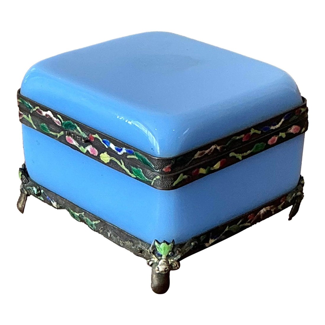Sky Blue Opaline Glass Box with Hand Painted Enamel Floral Metal Mounts (1 of 7)