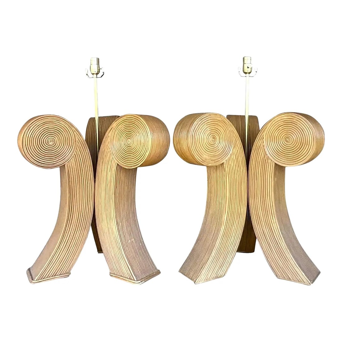 Chic Vintage Boho Reed Scroll Lamps - Pair from Palm Beach Estate: Chic Vintage Boho Reed Scroll Lamps - Pair from Palm Beach Estate This stunning pair of vintage Boho table lamps features a chic swirl design in a warm caramel color, perfect for adding a touch of ele