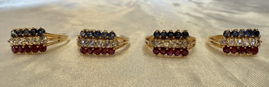 Stunning 4 Piece 14K Gold US Flag Ring Set with Diamonds Rubies Sapphires Sizes 6 8: Stunning 4 Piece 14K Gold US Flag Ring Set with Diamonds Rubies Sapphires Sizes 6 8 Discover a stunning 4-piece collection of rings celebrating the US flag, crafted from 14k yellow gold and adorned wi