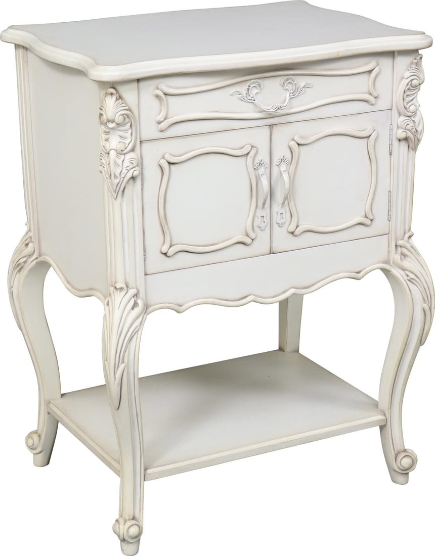 Hand-Carved Louis XV Rococo Side Table in Old Lace White: Hand-Carved Louis XV Rococo Side Table in Old Lace White Enhance your home decor with this elegant white Rococo side table, featuring a luxurious Louis XV style. This hand-carved piece showcases a bea