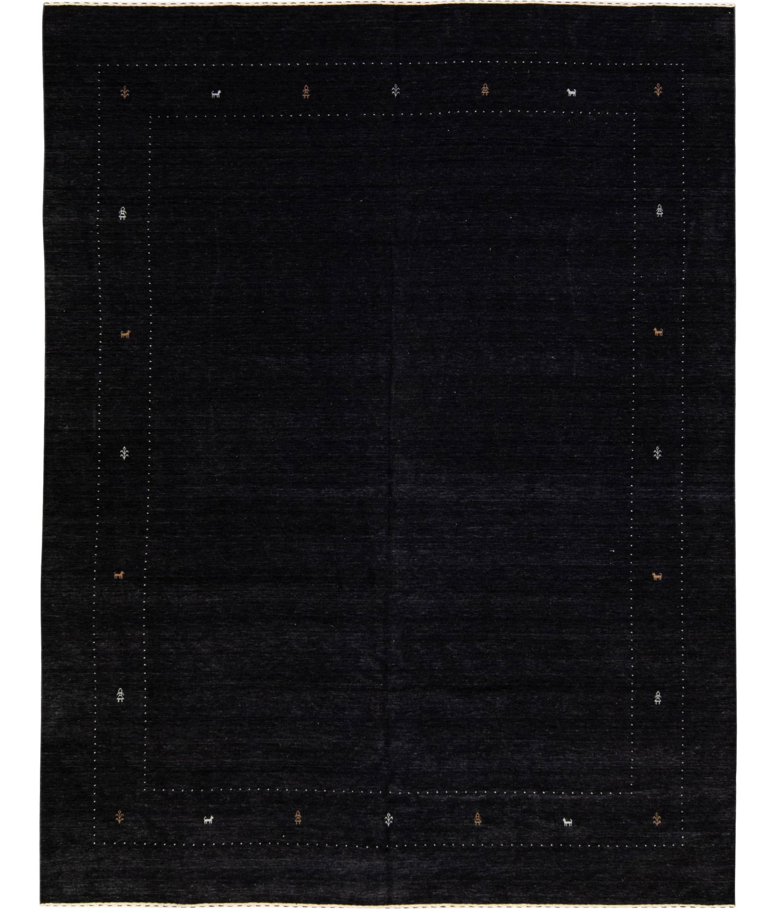 Stunning Black Gabbeh Style Hand-Loom Wool Rug 11'10 x 15'2: Stunning Black Gabbeh Style Hand-Loom Wool Rug 11'10 x 15'2 Enhance your living space with this stunning modern Gabbeh style hand-loomed wool rug. Featuring a captivating black field adorned with brow