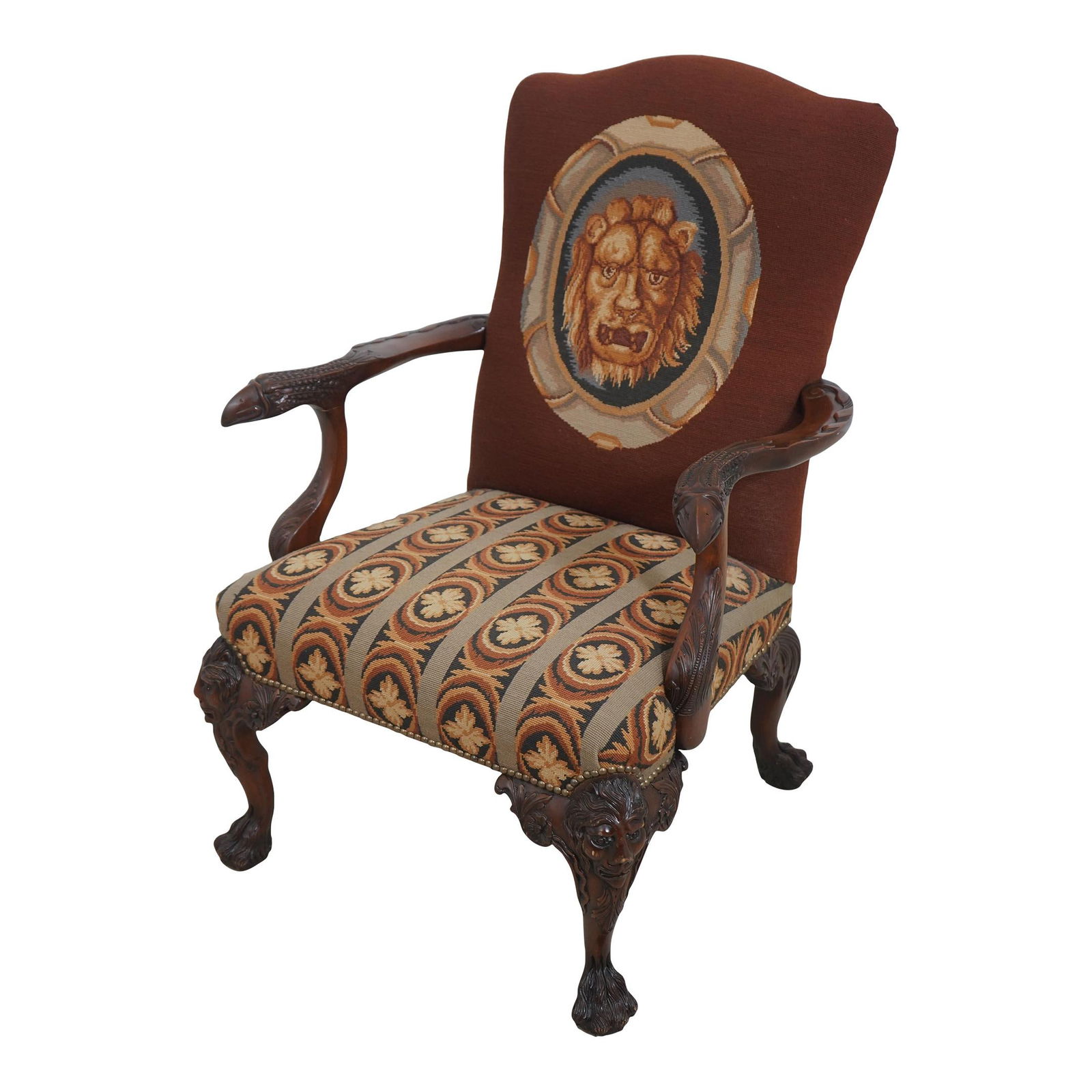 Georgian Needlepoint Armchair with Paw Feet and Eagle Arms: Georgian Needlepoint Armchair with Paw Feet and Eagle Arms This Outstanding Georgian Needlepoint Open Armchair showcases exquisite craftsmanship and elegant design. With its impressive carved paw feet