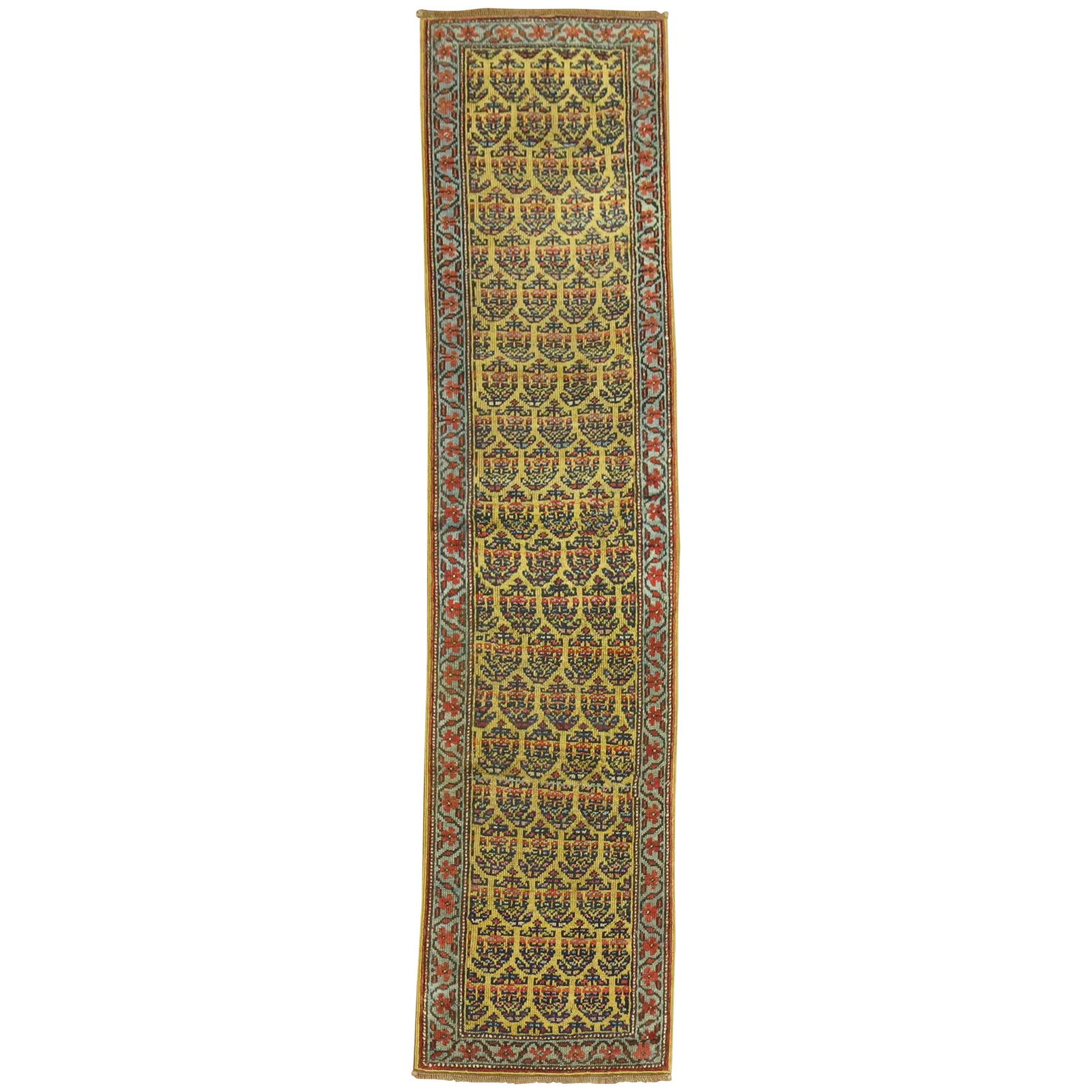 Antique Persian Runner 23x90 Wool Hand-Woven Yellow Navy Paisley: Antique Persian Runner 23x90 Wool Hand-Woven Yellow Navy Paisley This exquisite narrow antique runner showcases a unique navy paisley motif set against a vibrant yellow field, creating a striking visu
